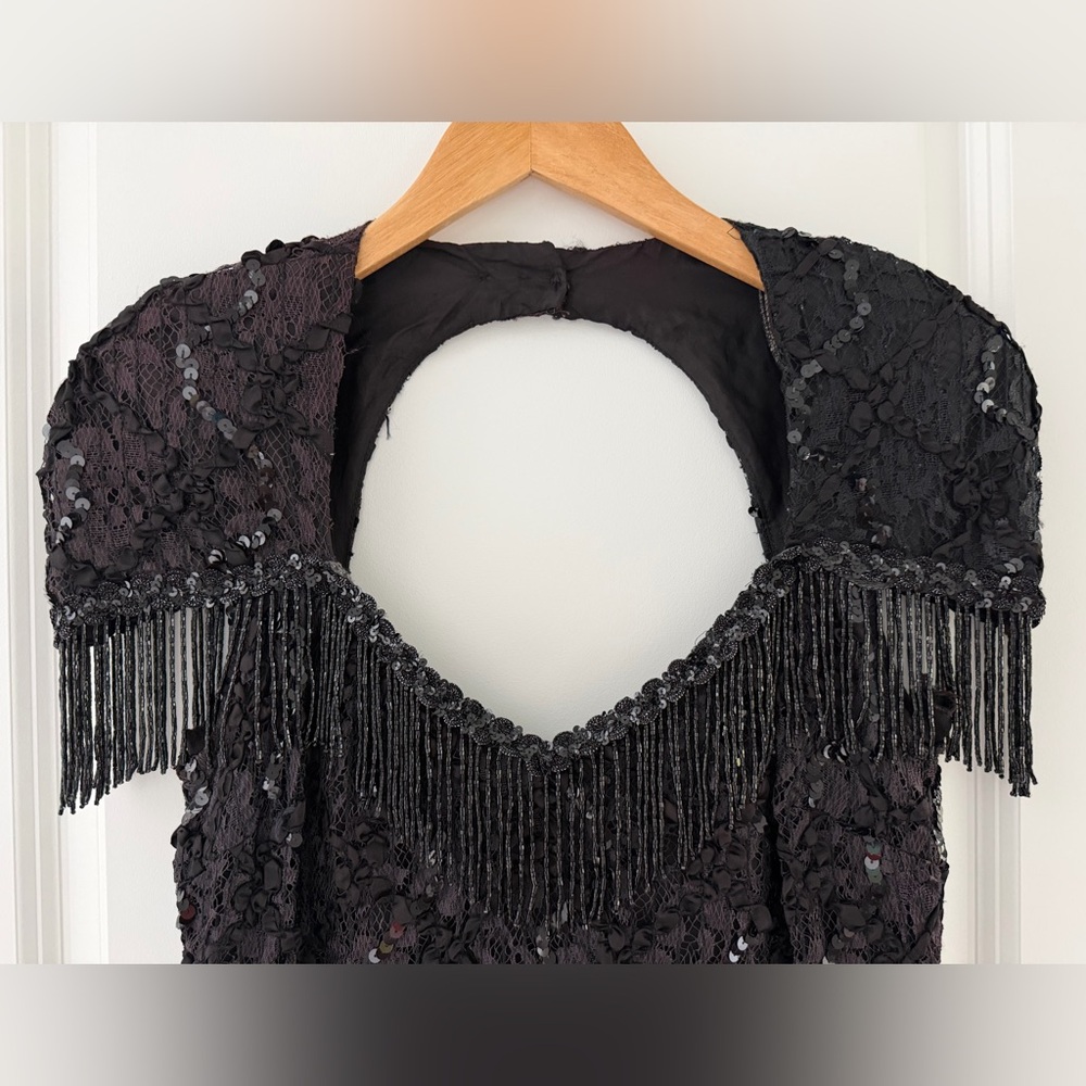 Susan roselli vintage black Fringe beaded lace mini Dress size S/M